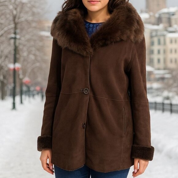 Olsen Europe Womens Lamb Fur Coat Size 10 Brown Shearling Button Closure Turkey - Picture 4 of 13